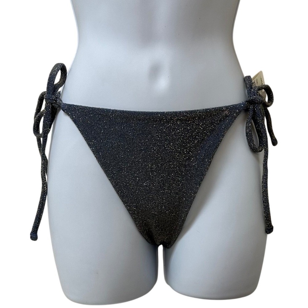 Aerie Real Good Cheekiest Bikini Bottom Blue Gold Metallic Side Tie NWT Large